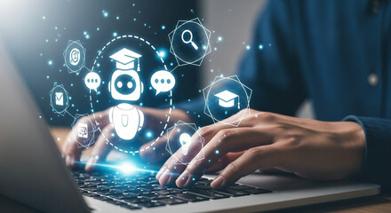 Person using laptop with digital education icons and network connections floating above