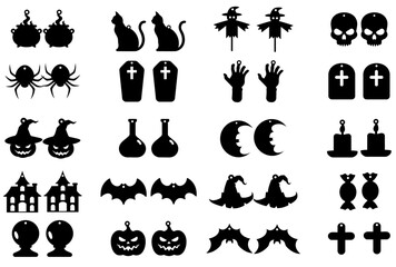 Fototapeta premium Halloween earring SVG bundle with black silhouette icons: bats, ghosts, pumpkins, cats, coffins, and skulls for Cricut 