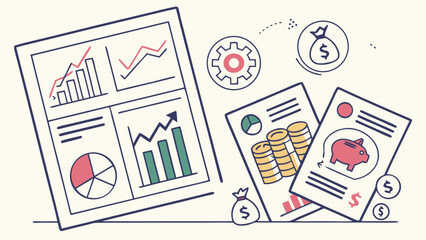 Vector infographic template featuring financial topics like investment analysis, budget planning, savings growth, and money management visuals.

