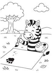 Coloring book zebra painting on a large canvas.