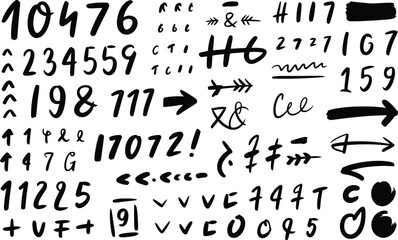 A diverse collection of hand drawn numbers symbols and arrows in black ink on a white background art