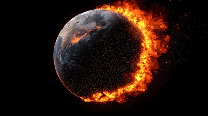 Naklejka premium The image shows a digitally rendered Earth partially engulfed in flames, set against a stark black background, symbolizing environmental crisis and destruction.