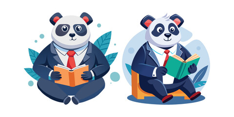 Confident Corporate Panda Boss Reading Leadership Book | Business Motivation Vector Illustration | CEO Animal Character Design for Office, Productivity, and Success Concepts