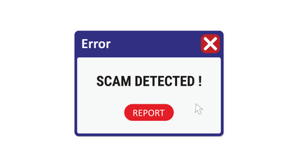 Scam detected, fake information, cyber security error, data safety and privacy protection, pop-up message on computer window