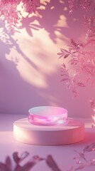 Elegant Pink Display with Soft Shadows and Leaves Background