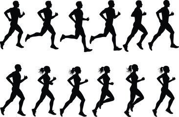  Set of Running People Silhouettes: Dynamic Male and Female Joggers in Various Strides, Illustrating Fitness, Health, and Active Lifestyles, cad drawing flat vector illustration.