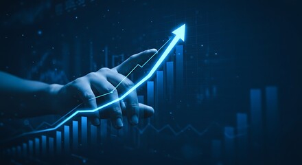 Hand touching a bright blue upward trending graph with bar charts symbolizing financial progress