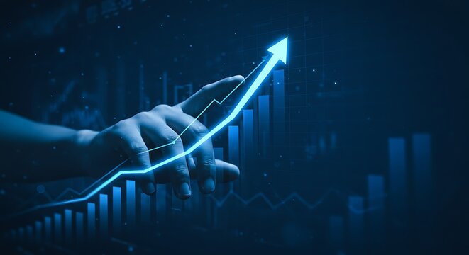 Hand touching a bright blue upward trending graph with bar charts symbolizing financial progress