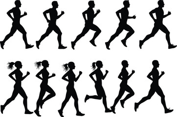  Set of Running People Silhouettes: Dynamic Male and Female Joggers in Various Strides, Illustrating Fitness, Health, and Active Lifestyles, cad drawing flat vector illustration.