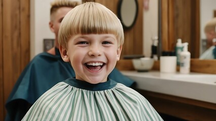 Cheerful Blond Child with New Bowl Cut in Cozy Barbershop