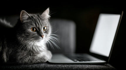Domestic shorthair cat sitting beside a laptop in dim lighting  