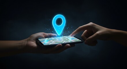 Hand holding smartphone with glowing blue location pin and map representing navigation and digital services