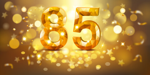 Golden number 85 with a faceted, gem-like appearance, set against a warm, golden background filled with soft bokeh lights and scattered golden stars, creating a festive and celebratory atmosphere.