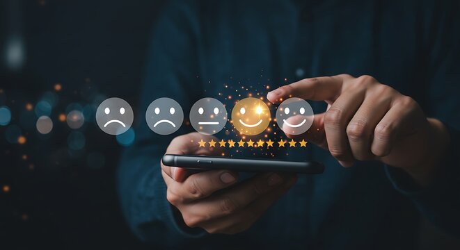Customer satisfaction survey selecting a happy face emoji and stars on a smartphone for feedback
