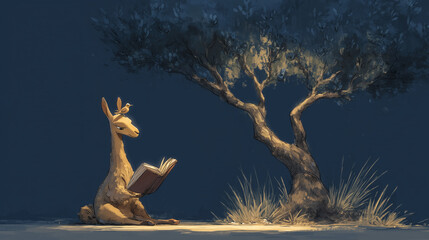 Cartoon giraffe reading a book under a tree at night  