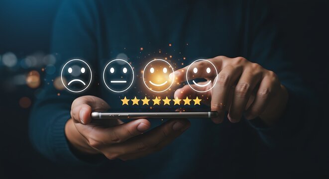 Customer satisfaction rating with stars and emojis on a smartphone screen indicating a positive experience