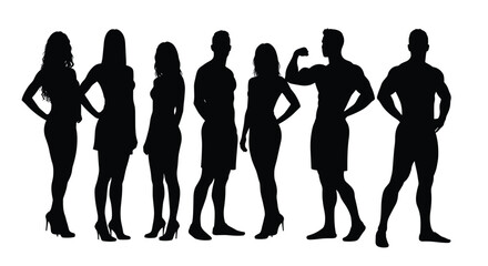 Diverse Collection of Male and Female Fitness Silhouettes, Showcasing Healthy Bodies, Athletic Poses, and People in Various Stages of Physical Activity, cad drawing flat vector illustration.