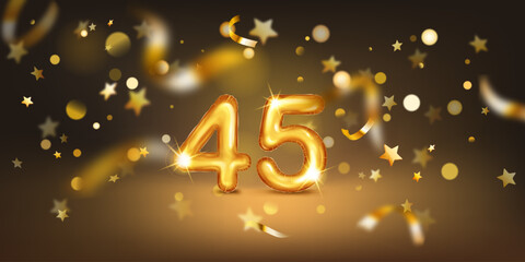 Golden balloon in the shape of the number 45, set against a dark background filled with soft bokeh lights and scattered golden stars and ribbons, creating a festive and celebratory atmosphere.