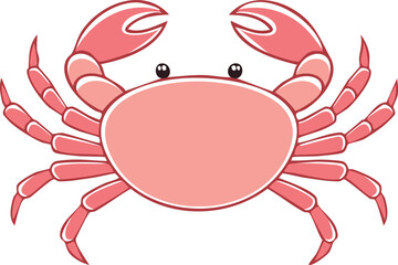 A cheerful, pink cartoon crab with large claws, viewed from above.