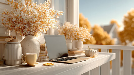 Cozy tech workspace on balcony with laptop, surrounded by autumn decor and golden fall trees in soft lighting