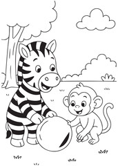 Coloring book zebra pay with monkey under big tree