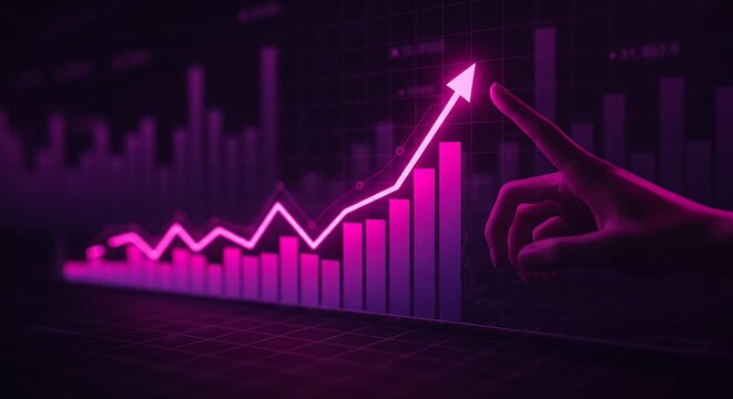Hand pointing to a rising pink line graph indicating business growth and financial success on a dark background