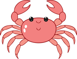 Cartoon illustration of a cute, smiling pink crab with claws raised, isolated on a white background.