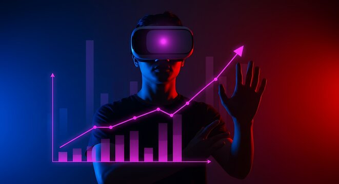 Person in vr headset interacting with glowing financial graph and data visualization in dark room