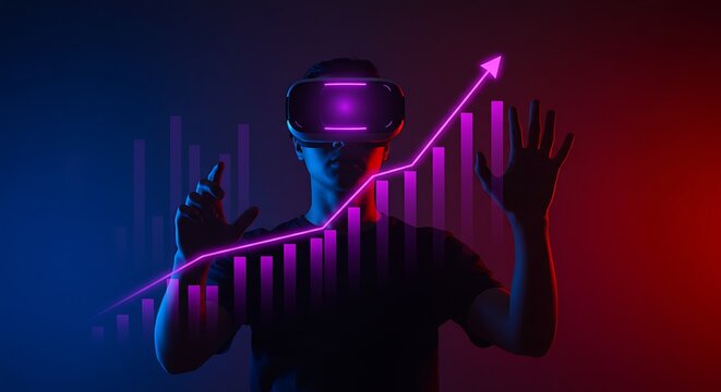 Person in vr headset interacting with glowing financial graph and data visualization in dark room