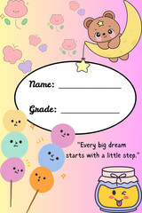 A cute kawaii school notebook cover template with a sweet bear on a moon and an inspirational quote for kids.