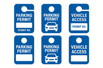 A blue parking permits and vehicle access tags on white background, providing authorization and identification for secure and managed entry