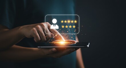 Person using smartphone to interact with digital interface showing customer feedback and star rating