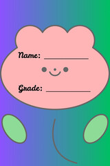 Cute kawaii character school book label template with fields for a student's name and grade, set on a colorful gradient background.