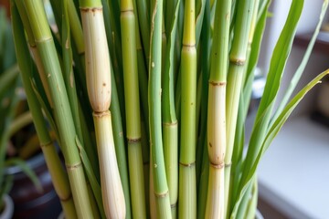 fresh lemongrass stalks standing upright with green and white colors used for citrusy flavor in cooking