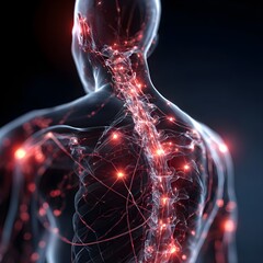 Human body with glowing red pain points on neural pathways illustrating pain or nerve stimulation, set against a dark blue 