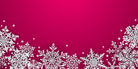 Christmas illustration featuring intricate paper snowflakes of varying sizes and designs located below, white on red background.