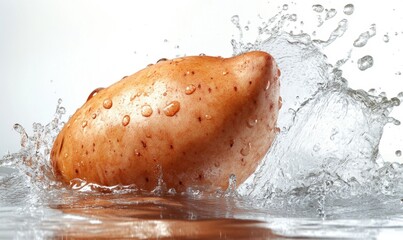 Fresh Sweet Potato Splashing into Clear Water with Droplets