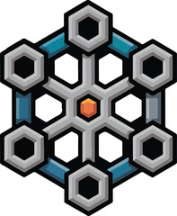 futuristic hexagonal network icon with metallic nodes and glowing central core