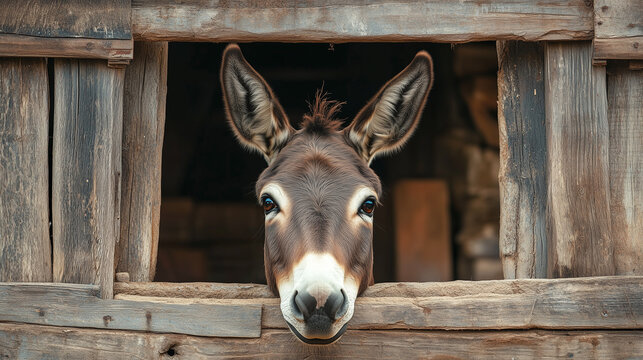 Close-up of a donkey peeking through a wooden stable window - Powered by Adobe