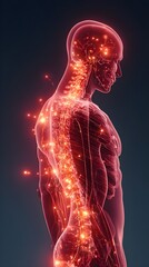 Human body with glowing red pain points on neural pathways illustrating pain or nerve stimulation, set against a dark blue 