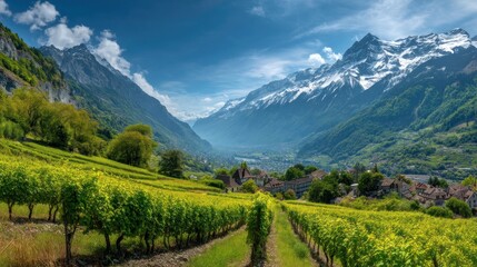 Fototapeta premium Lush vineyards nestled in a valley amidst a majestic mountain range.