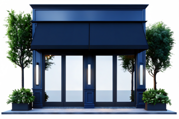 Dark blue building with awning and trees isolated on a transparent background storefront