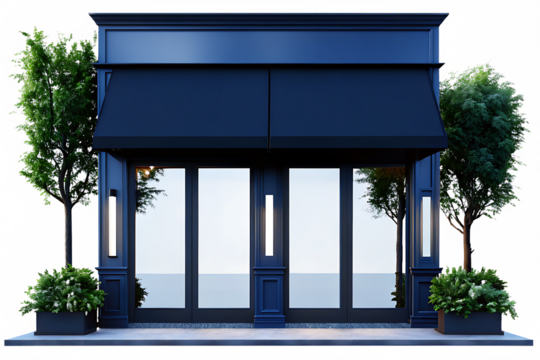 Dark blue building with awning and trees isolated on a transparent background storefront