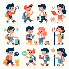 image of students going to school on foot with a simple and minimalist flat design using a white background