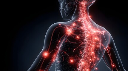 Human body with glowing red pain points on neural pathways illustrating pain or nerve stimulation, set against a dark blue 