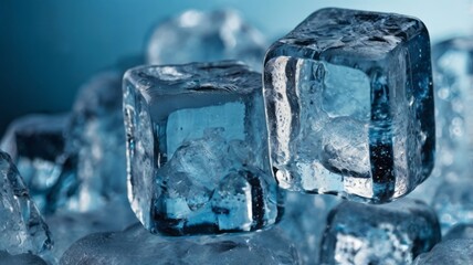 Obraz premium macro shot of ice cube with air bubbles inside, cold blue tones, frosty texture, crystal clarity