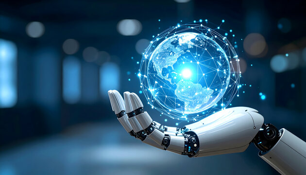 Robotic hand holding glowing globe symbolizing global technology and future