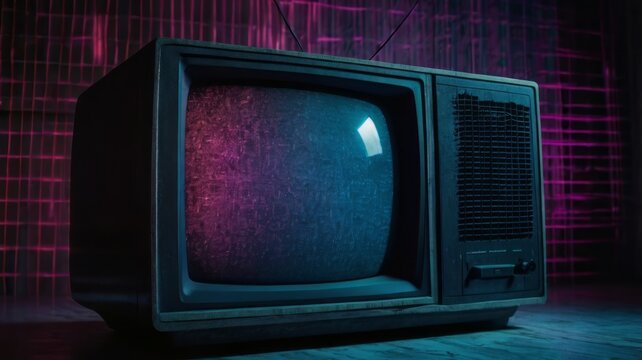 Old vintage CRT television turned on with a static screen and RGB glow in a dark room. Retro aesthetic, 80s grunge vibe