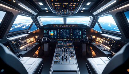 Modern aircraft cockpit interior with advanced control panel displays and technology