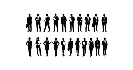 Collection of Diverse Business People Silhouettes: Men and Women in Professional Attire, Ideal for Corporate, Office, and Teamwork Concepts, cad drawing flat vector illustration.